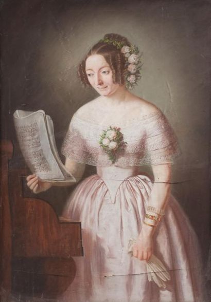 null École du XIXe siècle.
Femme à la partition de musique.
Pastel sur papier signé...