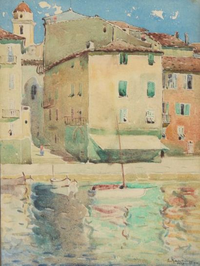 null Basile Nicolaevitch NETCHITAILOFF (1888-?).
Le port de Villefranche-sur-Mer.
Aquarelle...