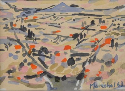 null Claude MARÉCHAL (1925-2009).
"Le vallon bleu".
Gouache sur papier signée et...