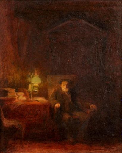 null Victor LECOMTE (1856-1920).
Homme assis dans un intérieur. 
Huile sur panneau...