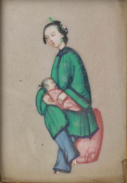 null CHINE, Canton - Vers 1900.
Femme à l'enfant.
Peinture sur papier de riz.
Haut....