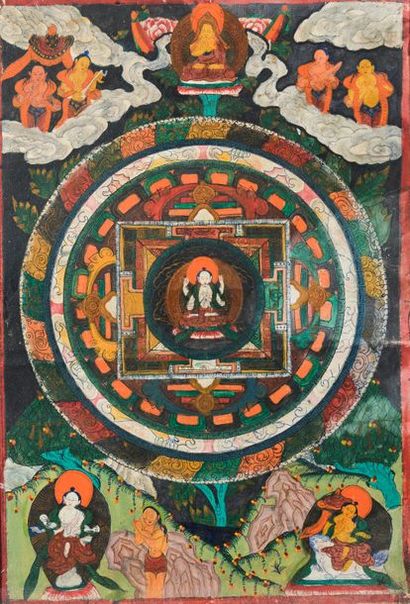 null TIBET - XXe siècle.
Deux tangkas peints sur toile à décor mythologique (sans...