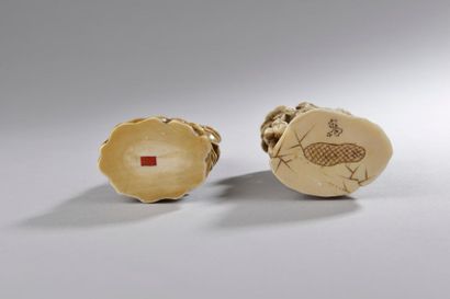 null JAPON - Époque MEIJI (1868 - 1912).
Deux okimonos en ivoire de morse figurant...