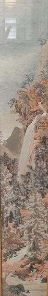 null JAPON - Époque MEIJI (1868-1912).
Paire de panneaux en soie brodée de cascades...