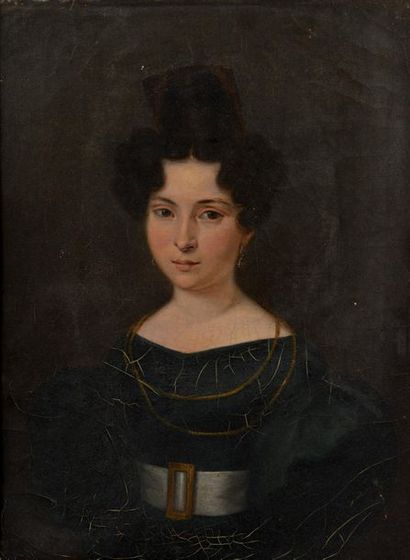 null École française du XIXe siècle.
Portrait de femme à la robe verte.
Huile sur...