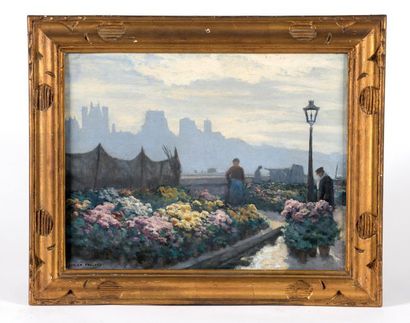 null Lucien PAILLARD (XIXe-XXe siècle).
Marché aux fleurs à Paris.
Huile sur toile...