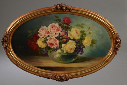 null MASCAREY (XXe siècle).
Vase d'anémones et vase de roses.
Deux huiles sur toile...