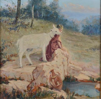 null Constant LOUCHE (1880-1965).
La bergère et la chèvre.
Huile sur toile signée...
