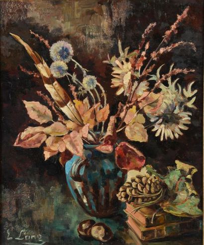 null E. LANG (XXe siècle).
Bouquet d'automne dans un vase turquoise.
Huile sur isorel...