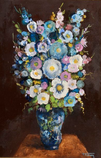 null Paul FERON (XXe siècle).
Vase de fleurs blanches, roses et bleues sur un entablement.
Huile...