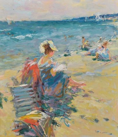 null Anatoli BENOLOG (né en 1946).
Femme lisant au bord de la plage.
Huile sur toile...