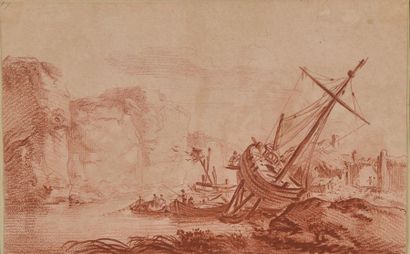 null Pierre-Jean Laurent HOUËL (1735-1813).
Paysage fluvial, pêcheurs et bateau en...