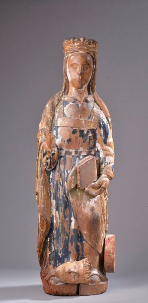 null Sainte Catherine d'Alexandrie en noyer sculpté avec restes de polychromie, dos...