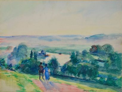 null Henri OTTMANN (1877-1927).
Promeneurs sur la colline.
Aquarelle signée en bas...