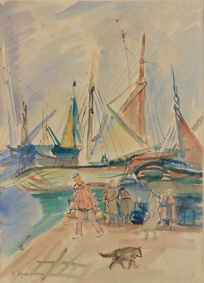 null Henri EPSTEIN (1892-1944).
Chien sur le port.
Aquarelle signée en bas à gauche...