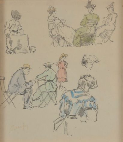 null Raymond RENEFER (1879-1957).
Étude de personnages assis en extérieur, les femmes...