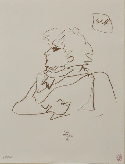 null Jean COCTEAU (1889-1963).
Portrait de Colette.
Lithographie numérotée 21/100...