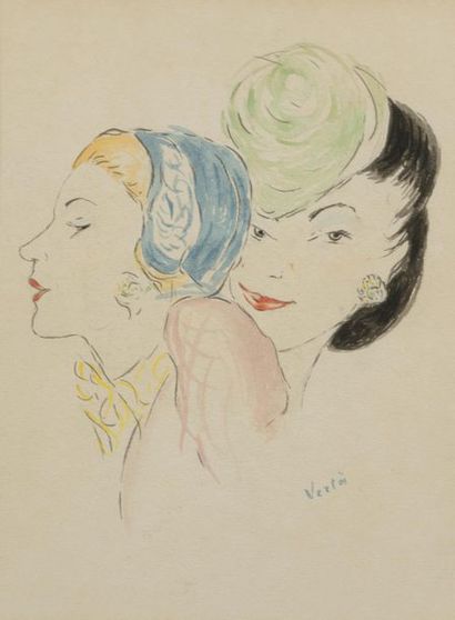 null Marcel VERTÈS (1895-1961).
Portrait de deux femmes au chapeau.
Aquarelle signée...