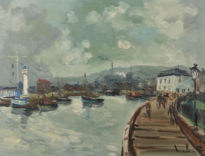 null Fernand HERBO (1905-1995).
Le Port par temps gris.
Huile sur toile signée en...