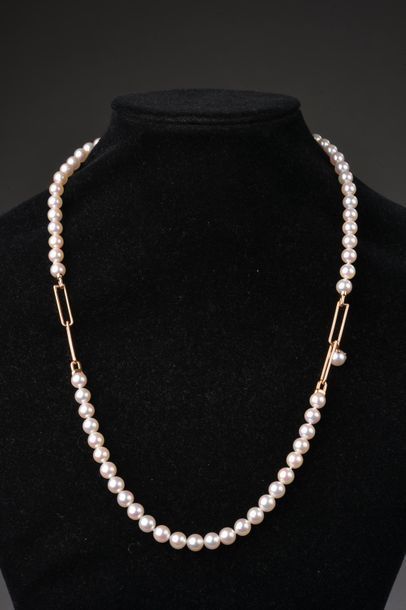 null *5 colliers de perles de culture Akoya blanches, ornés de deux double-anneaux...