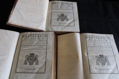 null Trois volumes Brevarium Tolosanum, de LOMENIE DE BRIENNE, 1777, reliure en cuir,...