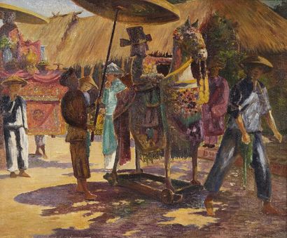 null René Bassouls (1877-1945) 

Ecole française des peintres voyageurs d'Indochine.

Procession...