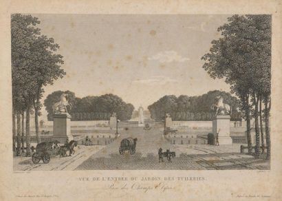 Deux lithographies encadrées représentant le Jardin des Tuileries. Dim. 50x63 cm...