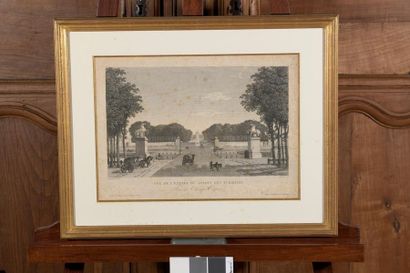 Deux lithographies encadrées représentant le Jardin des Tuileries. Dim. 50x63 cm...