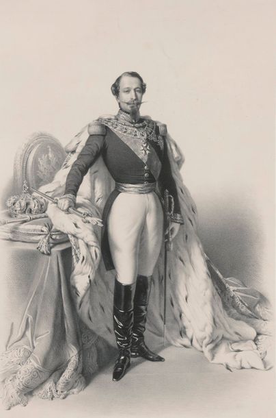 D'après Winterhalter. Portrait en pied de Napoléon III. Gravure sur papier encadrée....