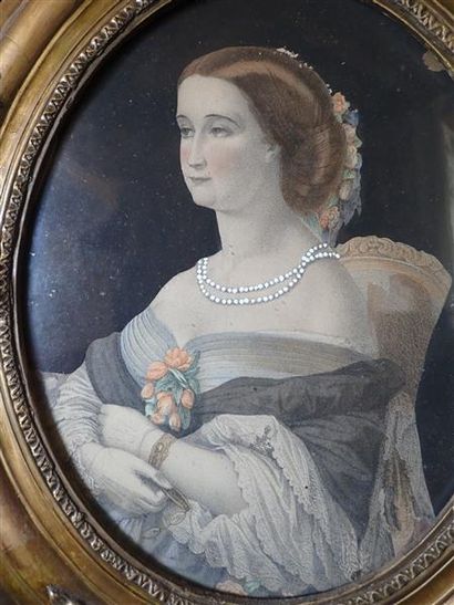 Portrait d'Eugénie. Gravure rehaussée dans un cadre en bois doré. H : 25,5 cm. n...