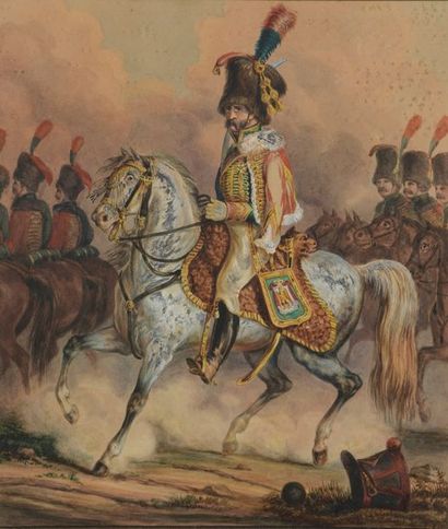 Ecole française du XIXème siècle. Officier de chasseur à cheval en grande tenue....