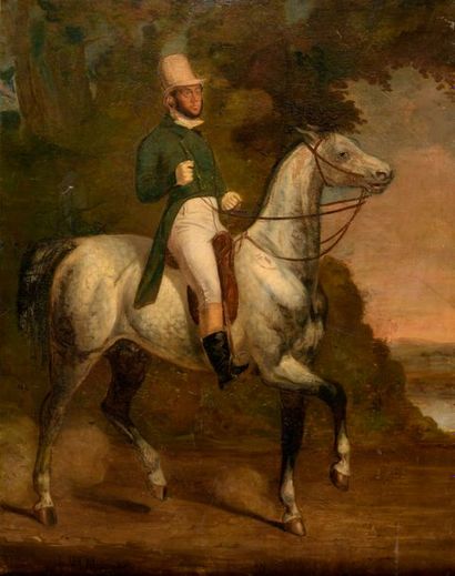A. DELAUNAY. Portrait d'homme à cheval. Huile sur toile encadrée signée en bas à...