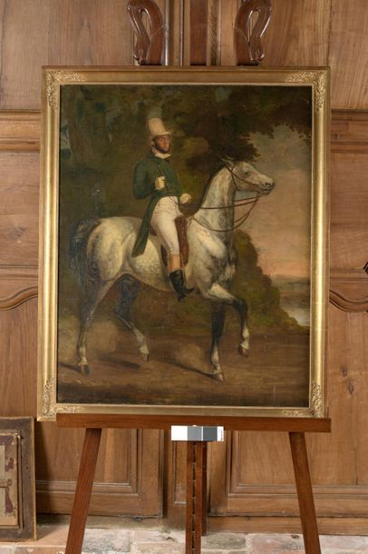 A. DELAUNAY. Portrait d'homme à cheval. Huile sur toile encadrée signée en bas à...