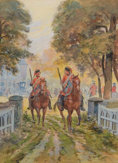 Maurice TOUSSAINT (1882-1974) Chasseurs à cheval. Aquarelle sur papier encadrée signée...