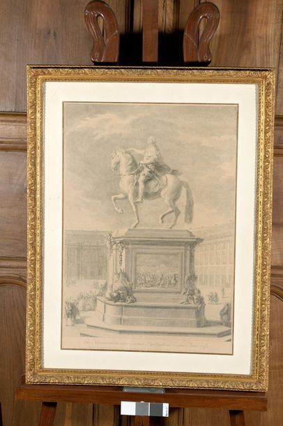D'après J.B LEMOINE. Monument équestre de Louis XV. Gravure encadrée, anno 1743 gravée...