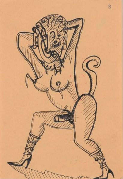Robert COMBAS (1957). La femme félin. Stylo bille sur papier encadré, titré, signé...