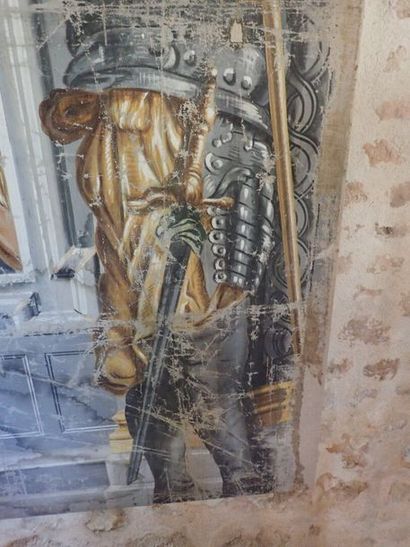 Fragment de toile peinte à décor de soldat et prisonniers. Usures , pliures. Très...