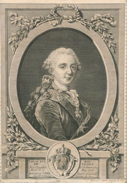 Lot de deux gravures encadrées : Portrait de Louis XVI gravé par Cathelin graveur...
