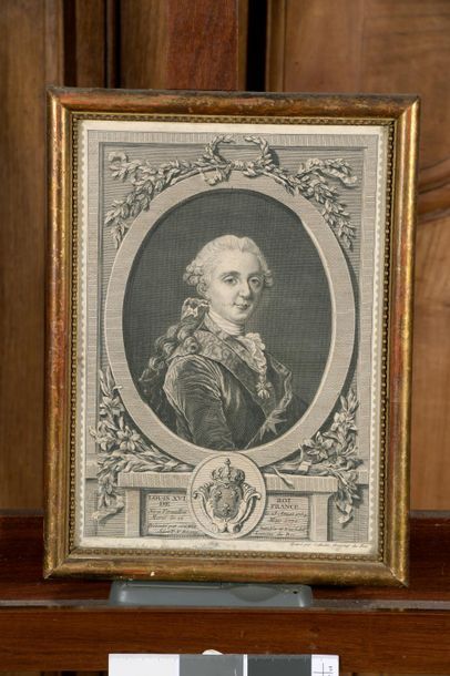 Lot de deux gravures encadrées : Portrait de Louis XVI gravé par Cathelin graveur...