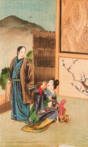 null Scène d'intérieur. Peinture sur soie encadrée. Epoque Meiji. Dimensions: 47x28,5...