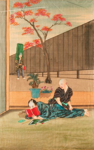 null La lecture. Peinture sur soie encadrée. Epoque Meiji. Dimensions: 47,5x31 cm....