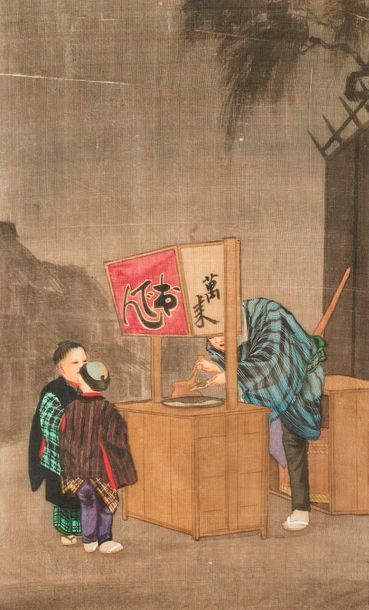 null Restaurant ambulant. Peinture sur soie encadrée. Epoque Meiji. Dimensions: 45,5x27,5...