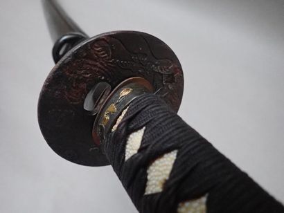 null Katana. Poigneé d'origine. Fushikashira à motif de fleur et un singe avec un...