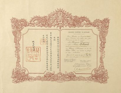 null 1916. Grand Empire d'ANNAM. Diplôme de plaque d'honneur Kim-Bôi décernée à Madame...