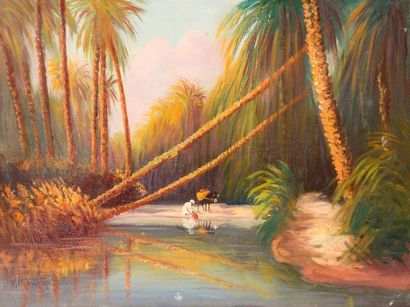 null Vincent MANAGO (1880-1936). L'oasis. Huile sur toile encadrée, signée en bas...