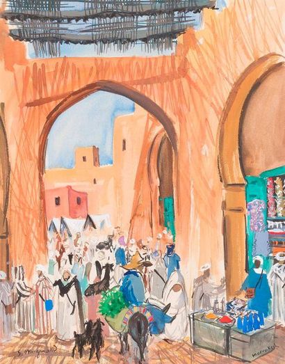 null Stéphane MAGNARD (1917-2010). Marrakech. La Medina. Aquarelle sur papier encadrée...