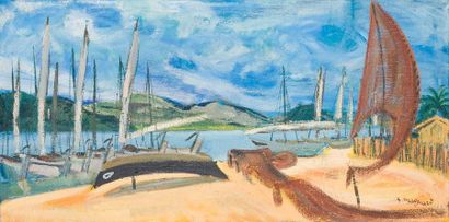 null Stéphane MAGNARD (1947-2001). Voiliers en bord de mer. Huile sur toile signée...