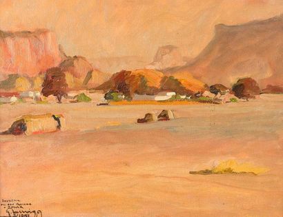 null Gustave HERVIGO (1896-1993). Paysage du Tchad, Huile sur panneau, signé et daté...