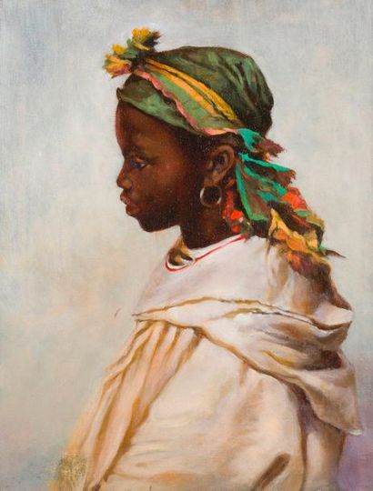 null Ecole du XXe siècle. Jeune fille africaine au turban. Huile sur toile encadrée....