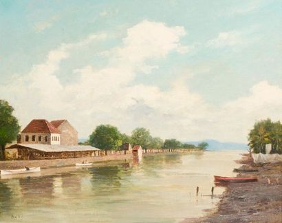 null BAILLY (XIXe siècle). Rivière en Martinique. Huile sur toile encadrée signée...
